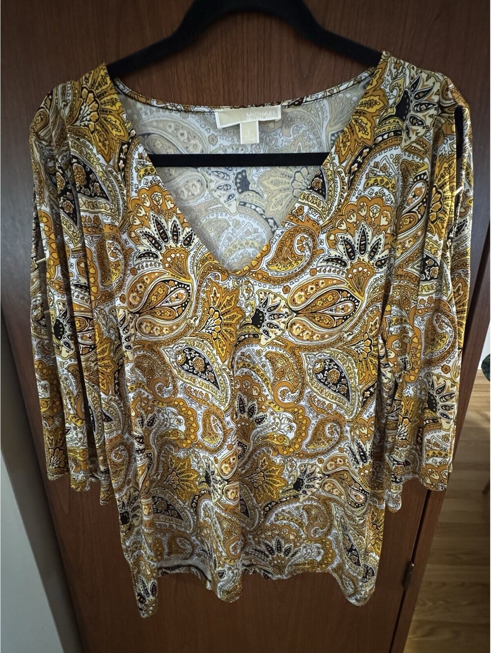 Michael Kors Womens L Paisley Top Gold Hardware Peekaboo 3/4 Sleeve Blouse